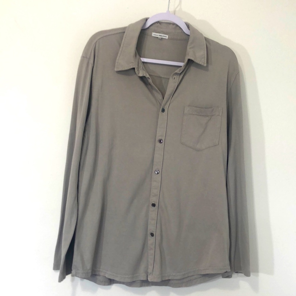 James Perse size 3 (large)  button up t shirt like material long sleeves gray.